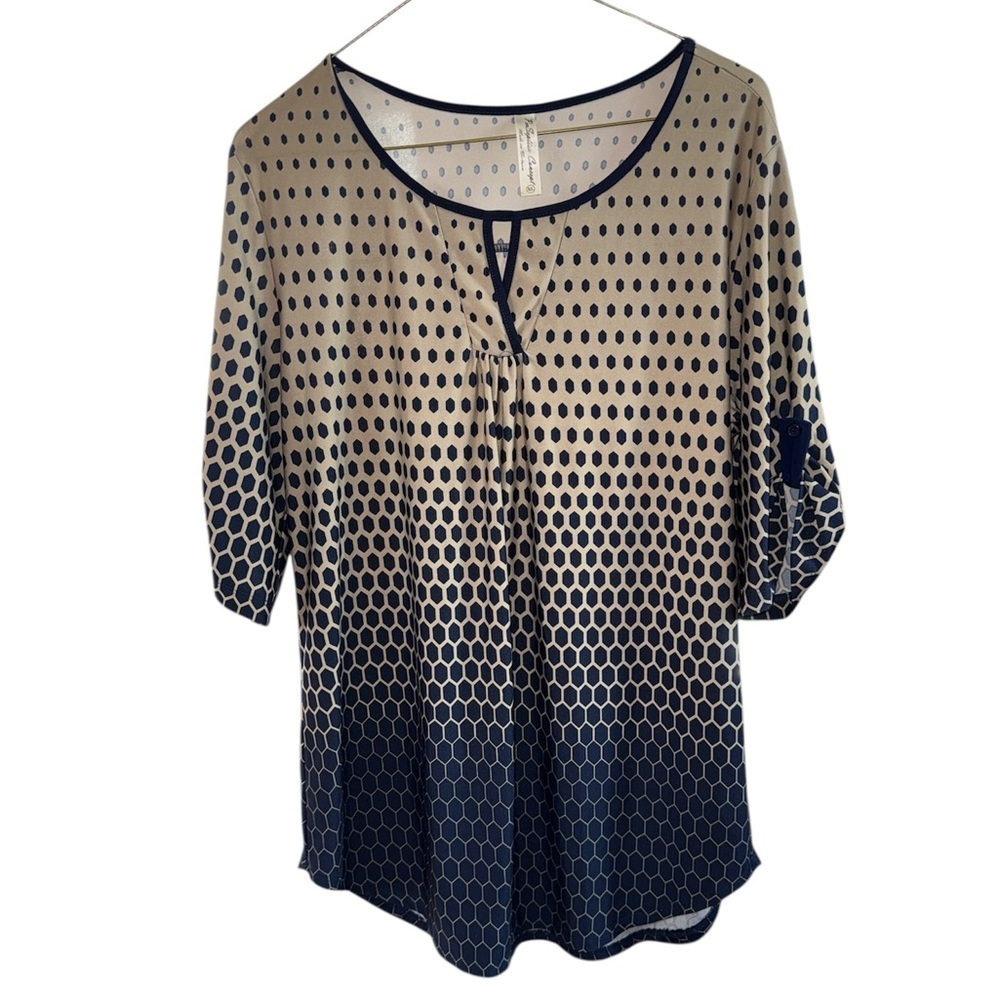 Perception  concepts XL Navy & Tan 3/4 Sleeve Top Stretch Lightweight ombre